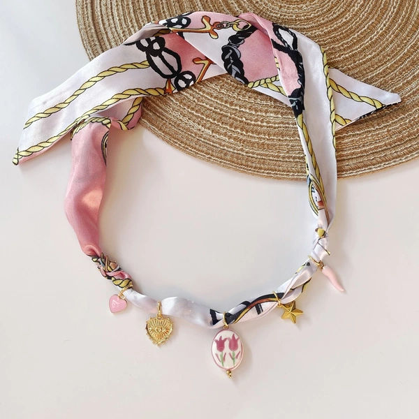 Boho Scarf Necklace Adjustable Bandana Choker with Hearts Peppers Stars & Enamel Pendants