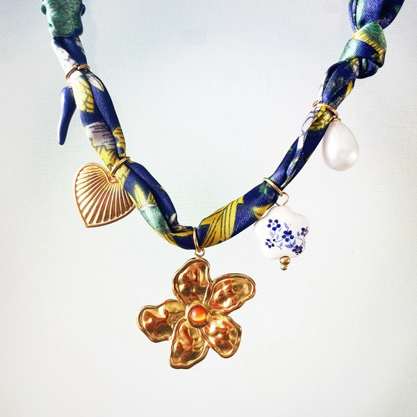 Women's Scarf Bandana Choker with Flower, Beads & Charms, Adjustable Necklace