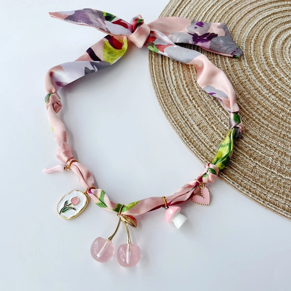 Collar con bandana de cerezas Y2K rosa y rojo, gargantilla con colgante ajustable