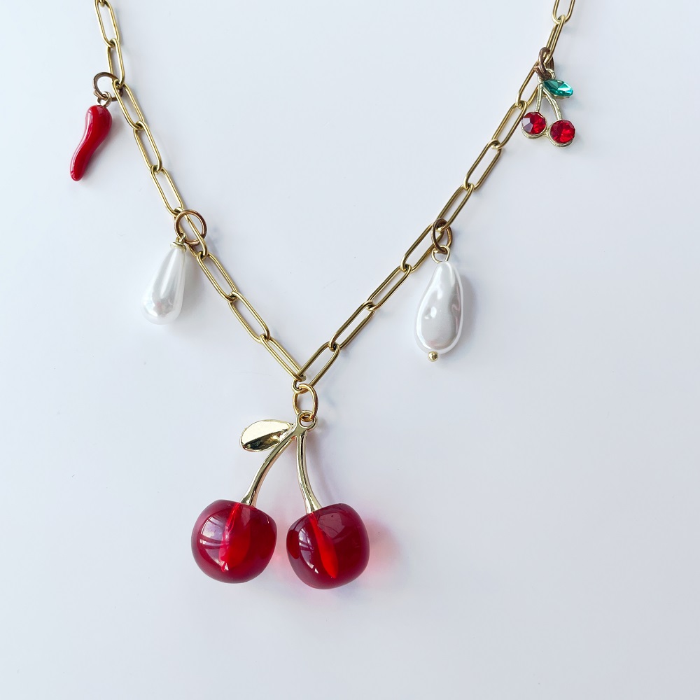 Collar con bandana de cerezas Y2K rosa y rojo, gargantilla con colgante ajustable