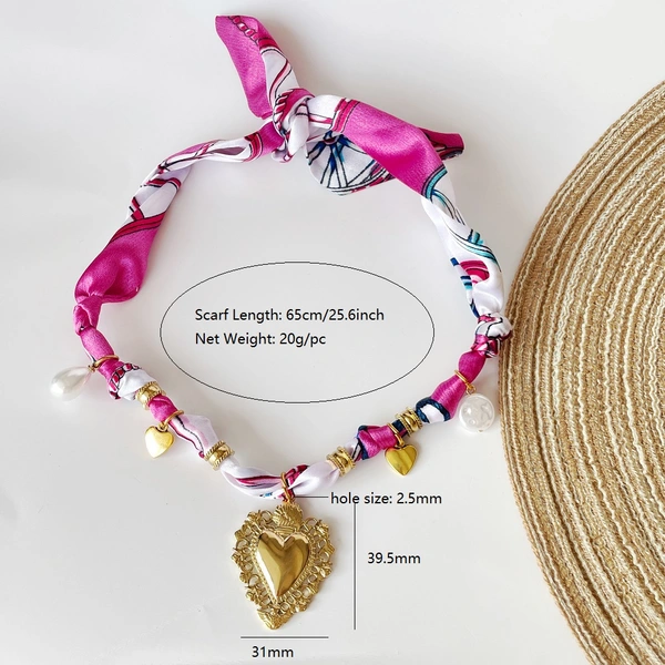 Bandana Necklace Chocker with heart, pearl Charms, Jewelry Gift for her, Adjustable Tie Ribbon Bandana Necklace