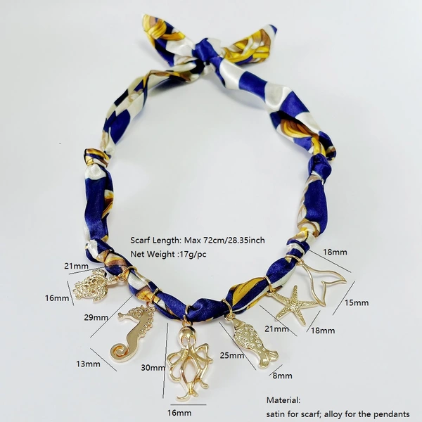 Collier bandana bleu avec breloques d'animaux marins, pendentif foulard tendance pour femme, accessoire cadeau sur le thème de l'automne