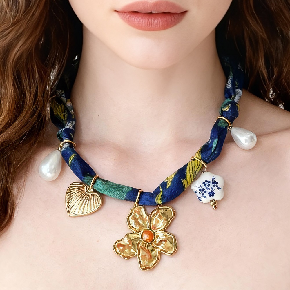 Women's Scarf Necklace with Flower, Beads & Charms, Adjustable Necklace