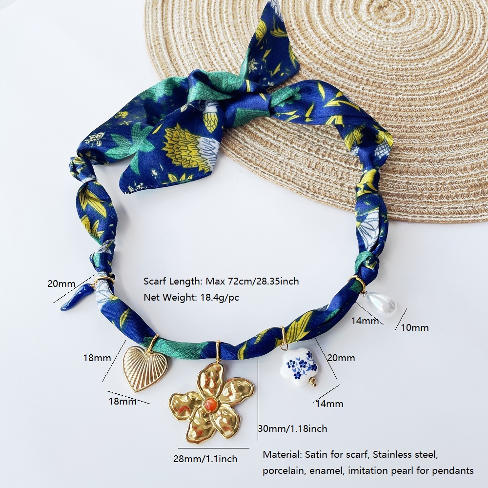 Women's Scarf Necklace with Flower, Beads & Charms, Adjustable Necklace