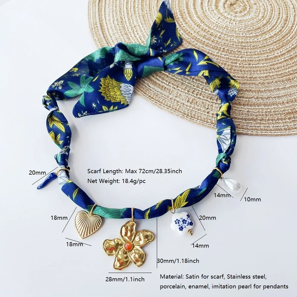 Women's Scarf Necklace with Flower, Beads & Charms, Adjustable Necklace