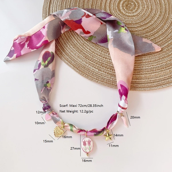  Boho Scarf Necklace Adjustable Bandana Choker with Tulips Hearts Peppers Stars & Enamel Pendants
