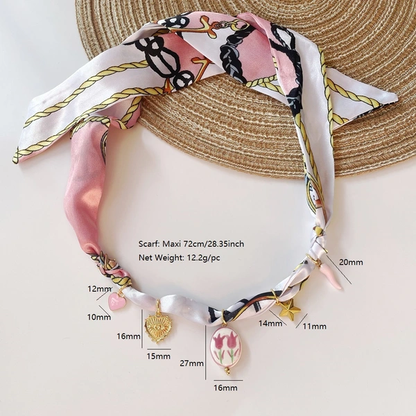  Boho Scarf Necklace Adjustable Bandana Choker with Tulips Hearts Peppers Stars & Enamel Pendants
