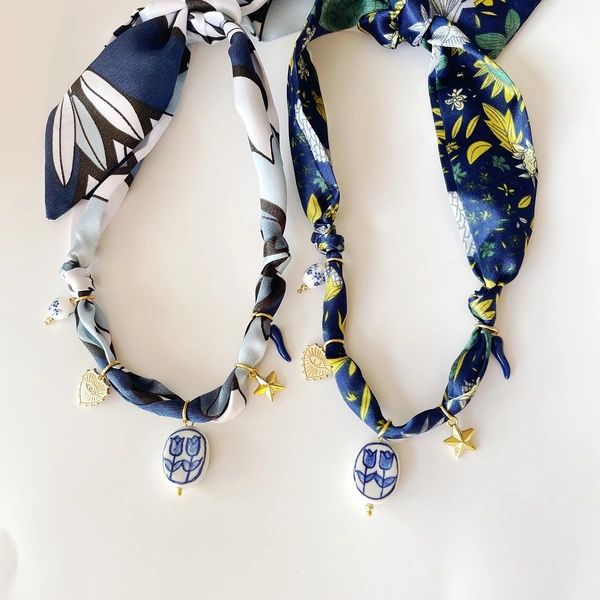  Boho Scarf Necklace Adjustable Bandana Choker with Tulips Hearts Peppers Stars & Enamel Pendants