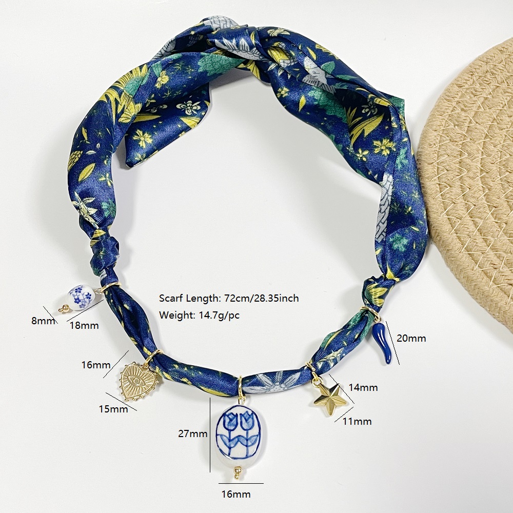  Boho Scarf Necklace Adjustable Bandana Choker with Tulips Hearts Peppers Stars & Enamel Pendants