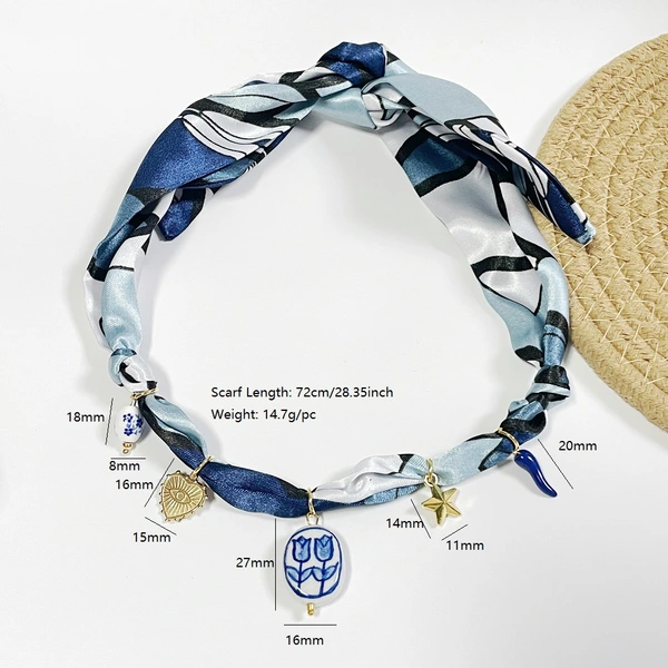  Boho Scarf Necklace Adjustable Bandana Choker with Tulips Hearts Peppers Stars & Enamel Pendants