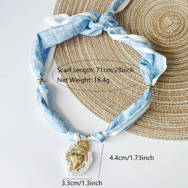 Beige Floral Scarf Necklace with Shiny and Colorful Resin Beaded Heart Pendant Vintage Stackable Jewelry