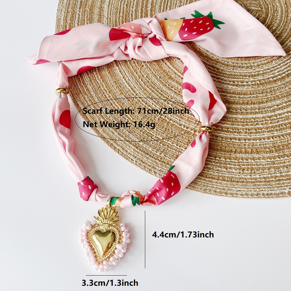 Pink Strawberry | Khaki Smile  Resin Heart Scarf Necklace with Shiny and Colorful Resin Beaded Heart Pendant Vintage Stackable Jewelry