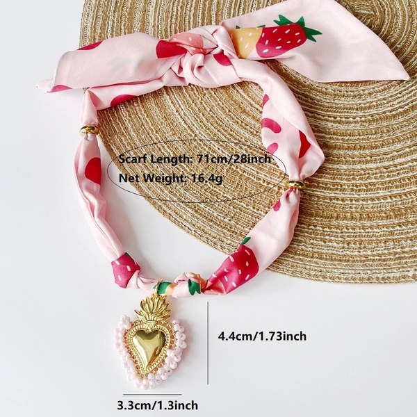 Pink Strawberry | Khaki Smile  Resin Heart Scarf Necklace with Shiny and Colorful Resin Beaded Heart Pendant Vintage Stackable Jewelry