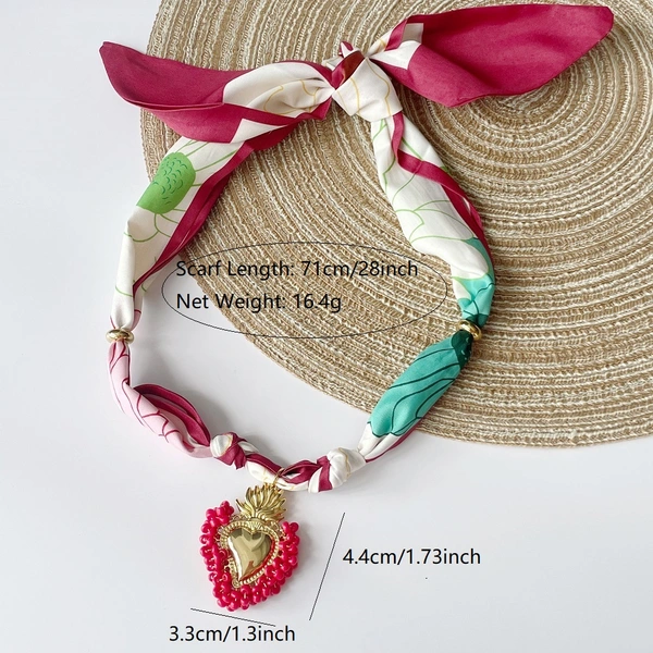 Pink Strawberry | Khaki Smile  Resin Heart Scarf Necklace with Shiny and Colorful Resin Beaded Heart Pendant Vintage Stackable Jewelry