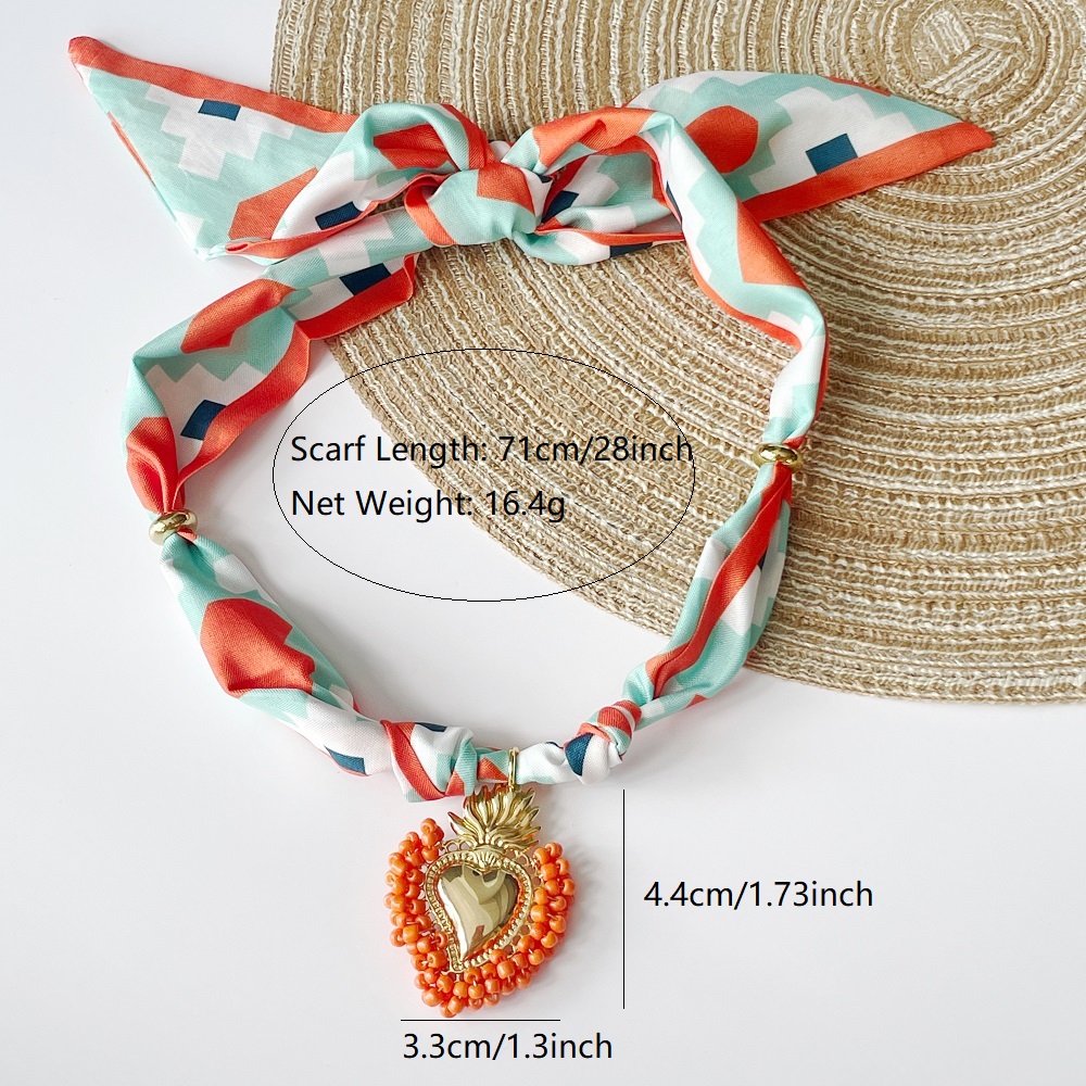 Pink Strawberry | Khaki Smile  Resin Heart Scarf Necklace with Shiny and Colorful Resin Beaded Heart Pendant Vintage Stackable Jewelry