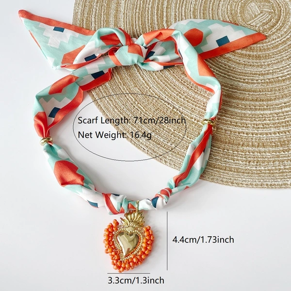 Pink Strawberry | Khaki Smile  Resin Heart Scarf Necklace with Shiny and Colorful Resin Beaded Heart Pendant Vintage Stackable Jewelry