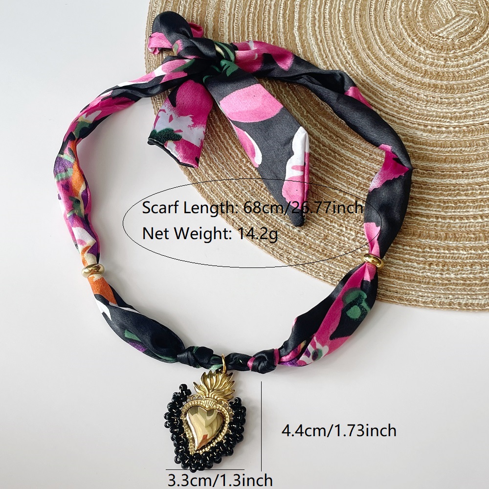 Pink Strawberry | Khaki Smile  Resin Heart Scarf Necklace with Shiny and Colorful Resin Beaded Heart Pendant Vintage Stackable Jewelry