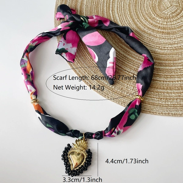 Pink Strawberry | Khaki Smile  Resin Heart Scarf Necklace with Shiny and Colorful Resin Beaded Heart Pendant Vintage Stackable Jewelry