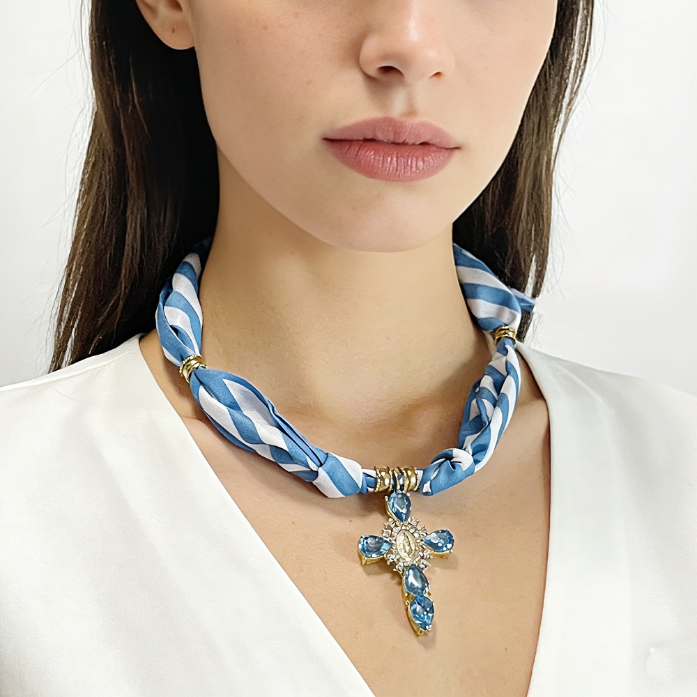 Blue Strips Cross Scarf Necklace with Guadalupe Cross Centerpiece  