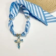 Blue Strips Cross Scarf Necklace with Guadalupe Cross Centerpiece  