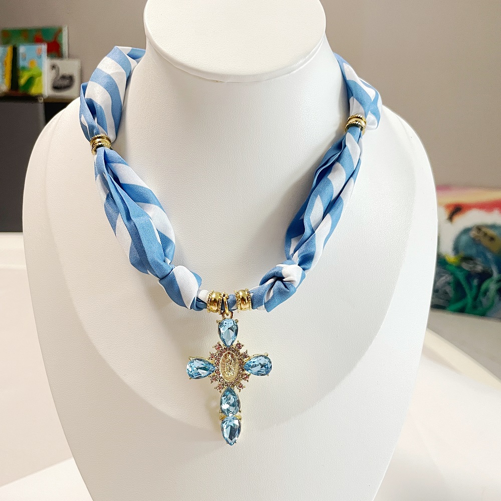 Blue Strips Cross Scarf Necklace with Guadalupe Cross Centerpiece  