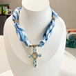Blue Strips Cross Scarf Necklace with Guadalupe Cross Centerpiece  