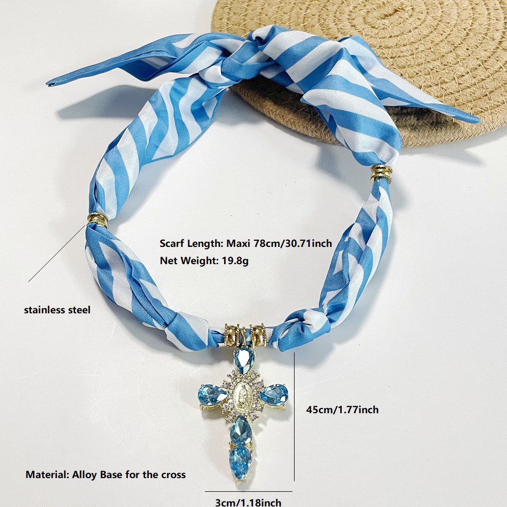 Blue Strips Cross Scarf Necklace with Guadalupe Cross Centerpiece  