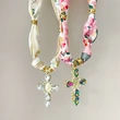 Pink & Beige Floral Cross  Scarf Necklace  