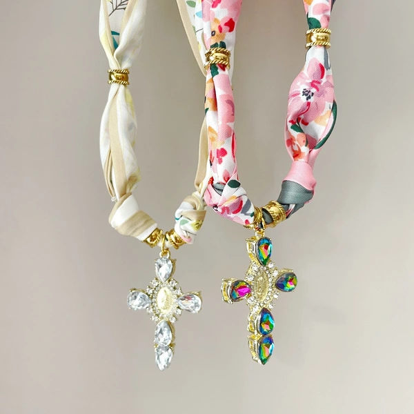 Pink & Beige Floral Cross  Scarf Necklace  