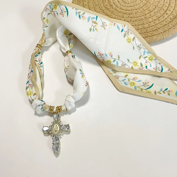 Pink & Beige Floral Cross  Scarf Necklace  