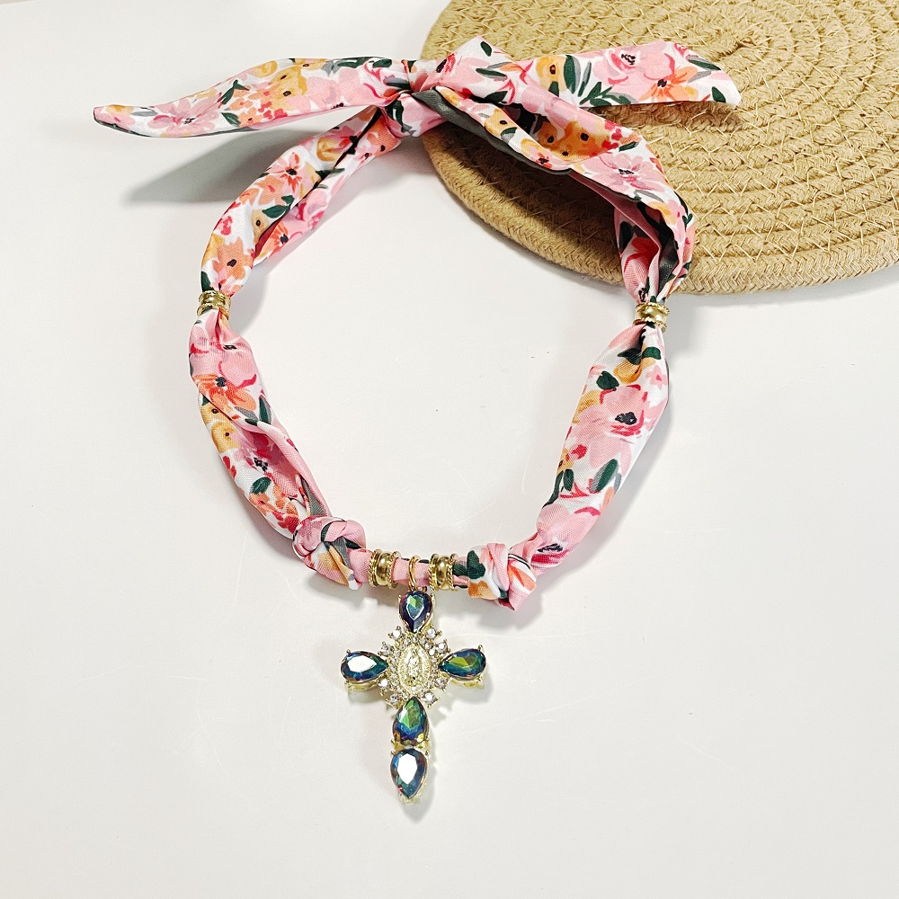 Pink & Beige Floral Cross  Scarf Necklace  