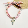Pink & Beige Floral Cross  Scarf Necklace  