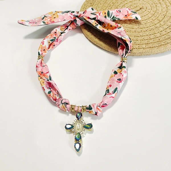 Pink & Beige Floral Cross  Scarf Necklace  