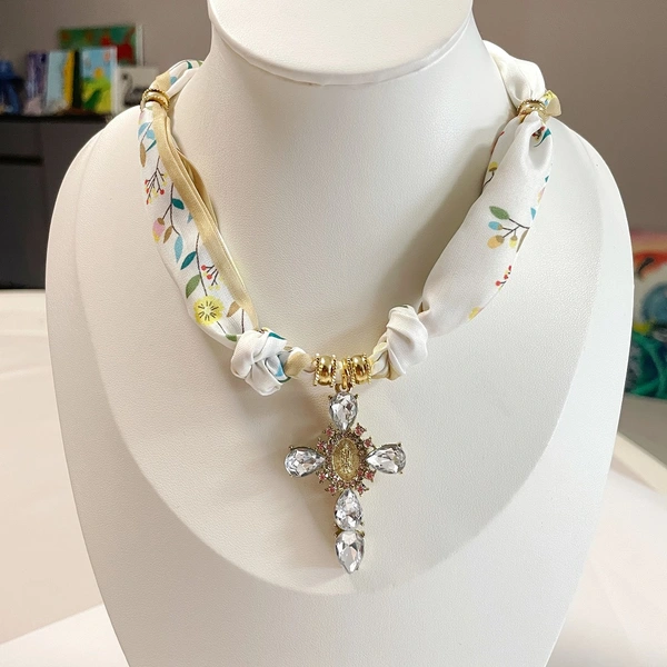 Pink & Beige Floral Cross  Scarf Necklace  