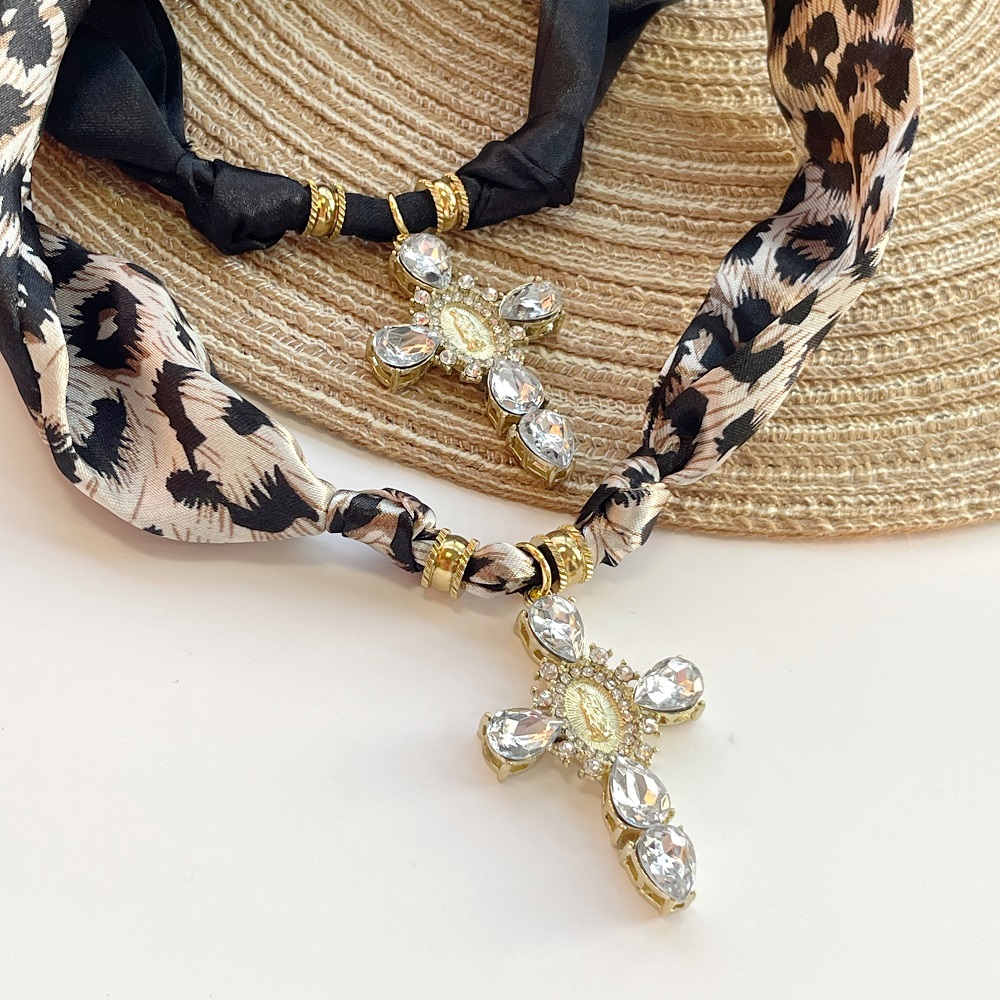 Black & Leopard Cross Scarf Necklace  