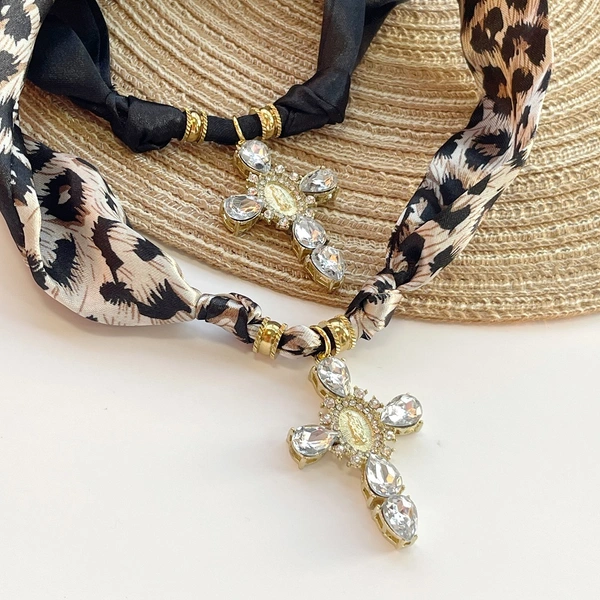 Black & Leopard Cross Scarf Necklace  