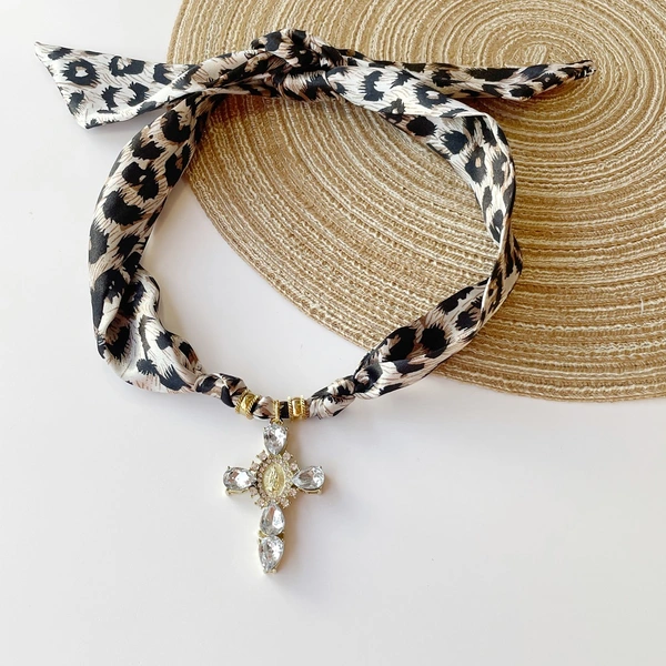 Black & Leopard Cross Scarf Necklace  