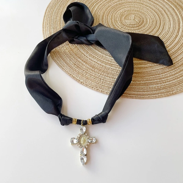 Black & Leopard Cross Scarf Necklace  