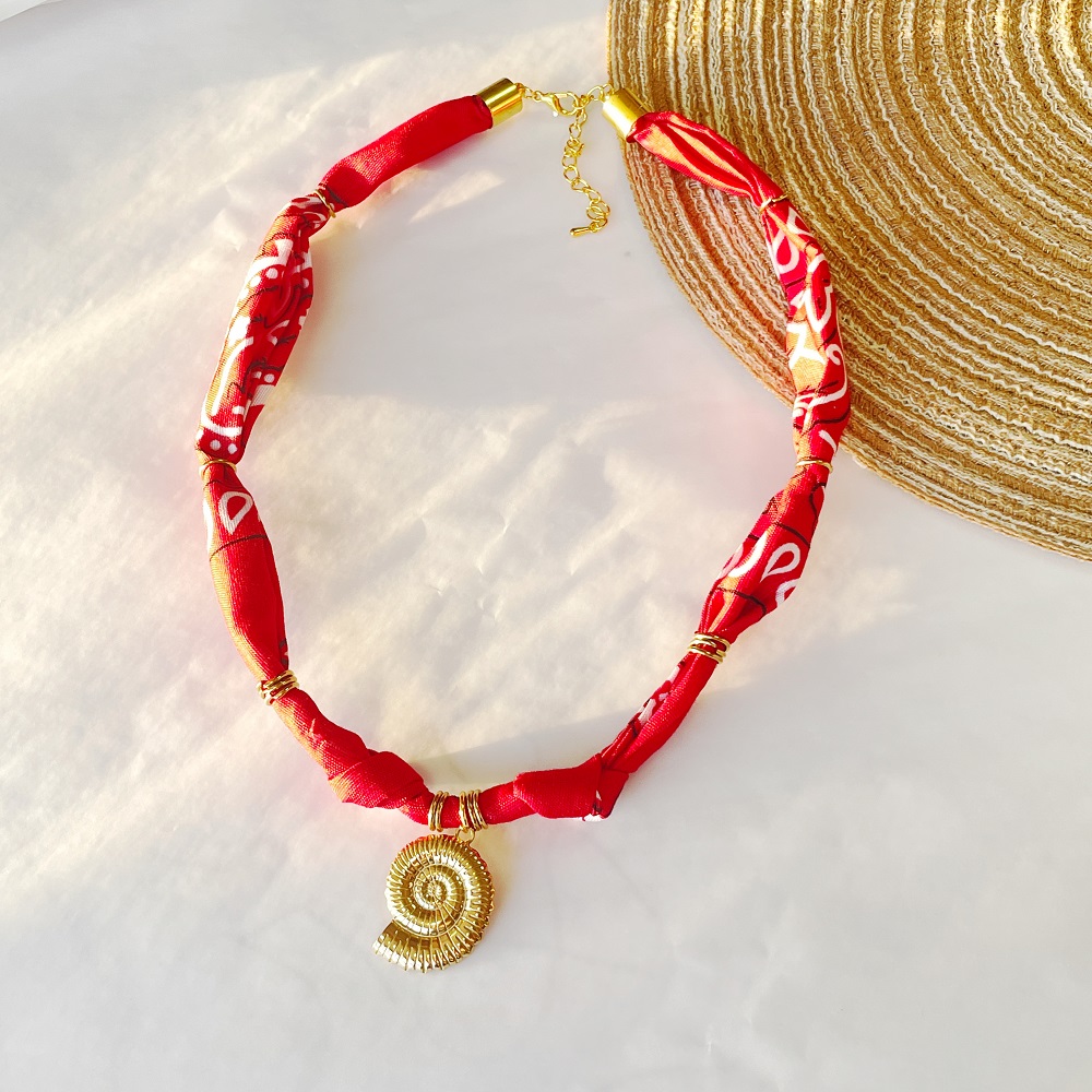 Red Floral Sun, Heart, Conch Scarf Necklace