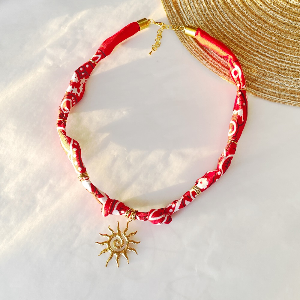 Red Floral Sun, Heart, Conch Scarf Necklace