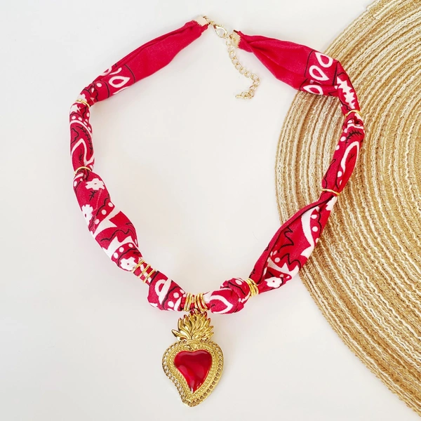 Red Floral Sun, Heart, Conch Scarf Necklace
