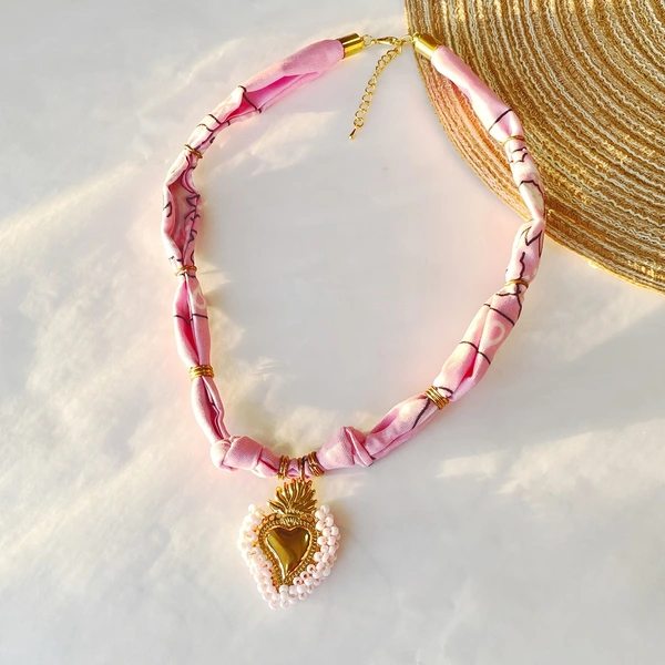 Pink Floral Scarf Necklace with charms