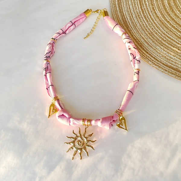 Pink Floral Scarf Necklace with charms