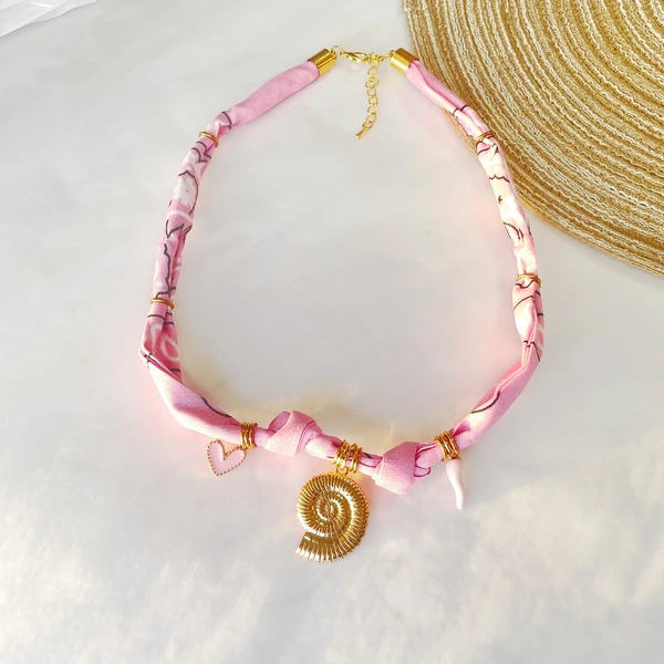 Pink Floral Scarf Necklace with charms