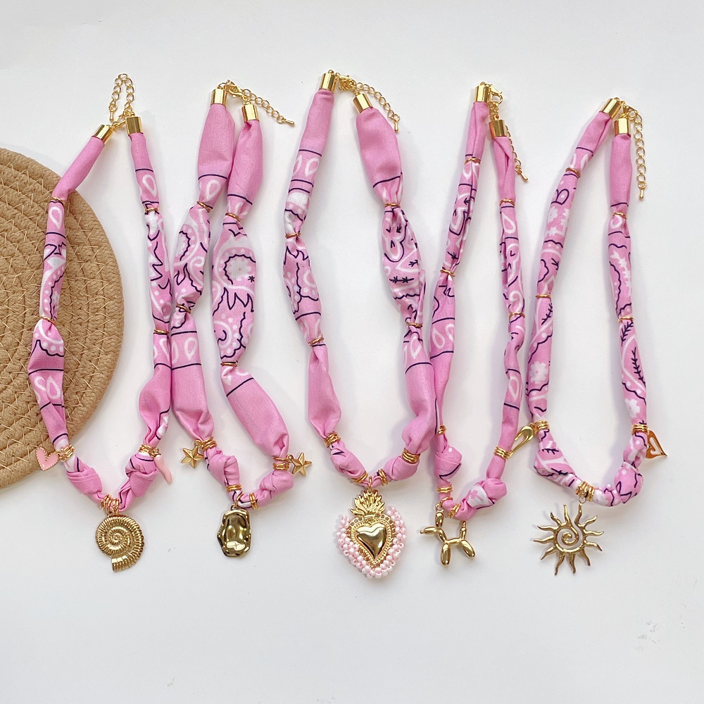 Pink Floral Scarf Necklace with charms