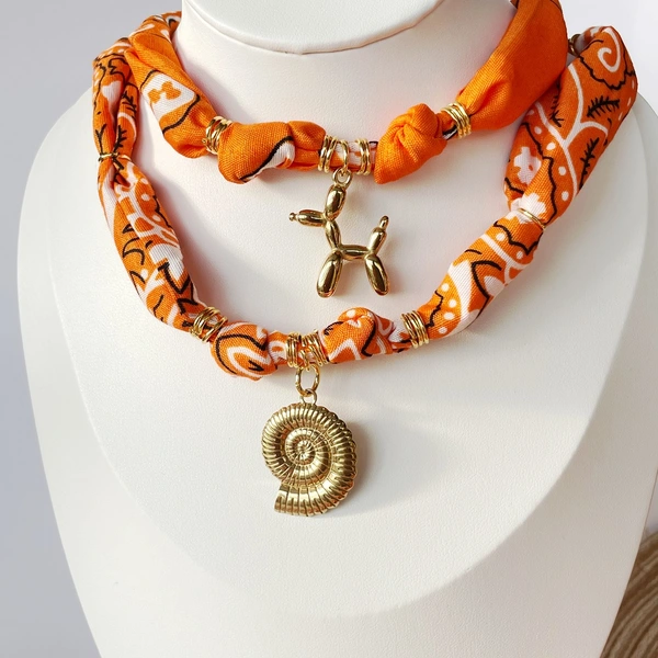 Orange Floral Scarf Necklace with charms