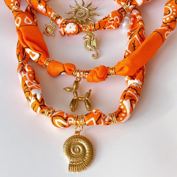 Orange Floral Scarf Necklace with charms