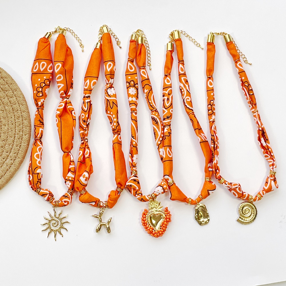 Orange Floral Scarf Necklace with charms