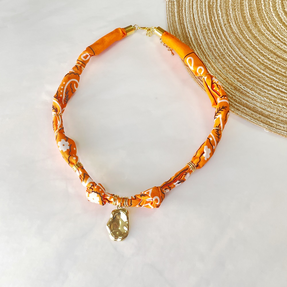 Orange Floral Scarf Necklace with charms