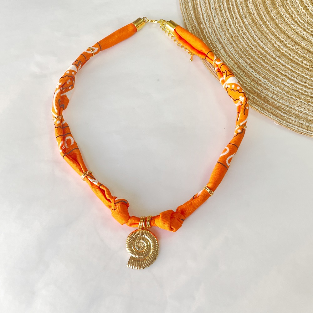 Orange Floral Scarf Necklace with charms